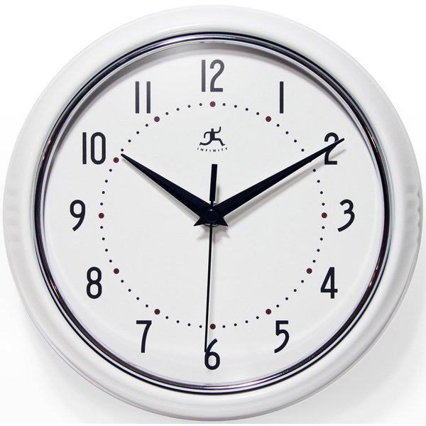 Infinity Instruments Retro Round White - 9.5" Retro Metal Wall Clock 10940-WHITE
